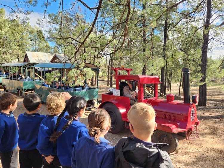 students standing and watching a small train driving past.